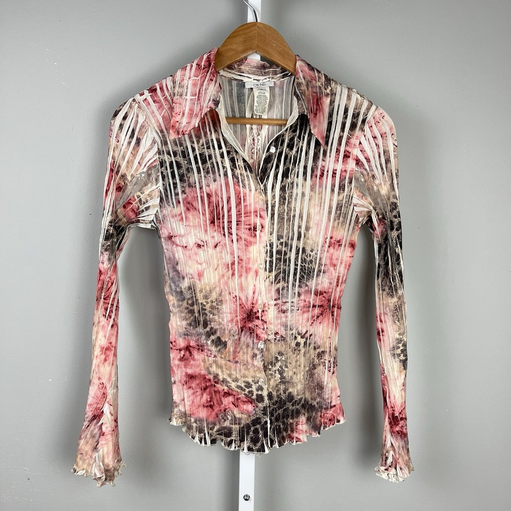 Vintage Y2K Cache Floral Cheetah Print Top Womens M Bell Sleeve‎ Lace Crinkle